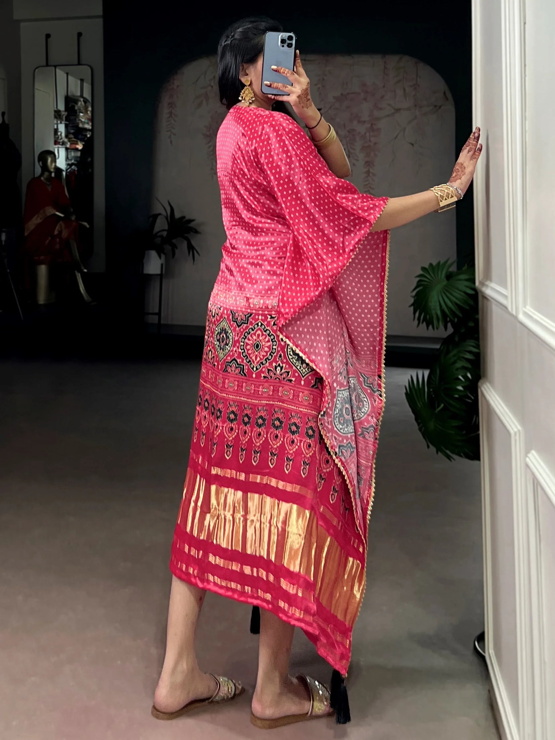 Beautiful Rose Pink Gota Patti Gaji Silk Event Wear Kaftan