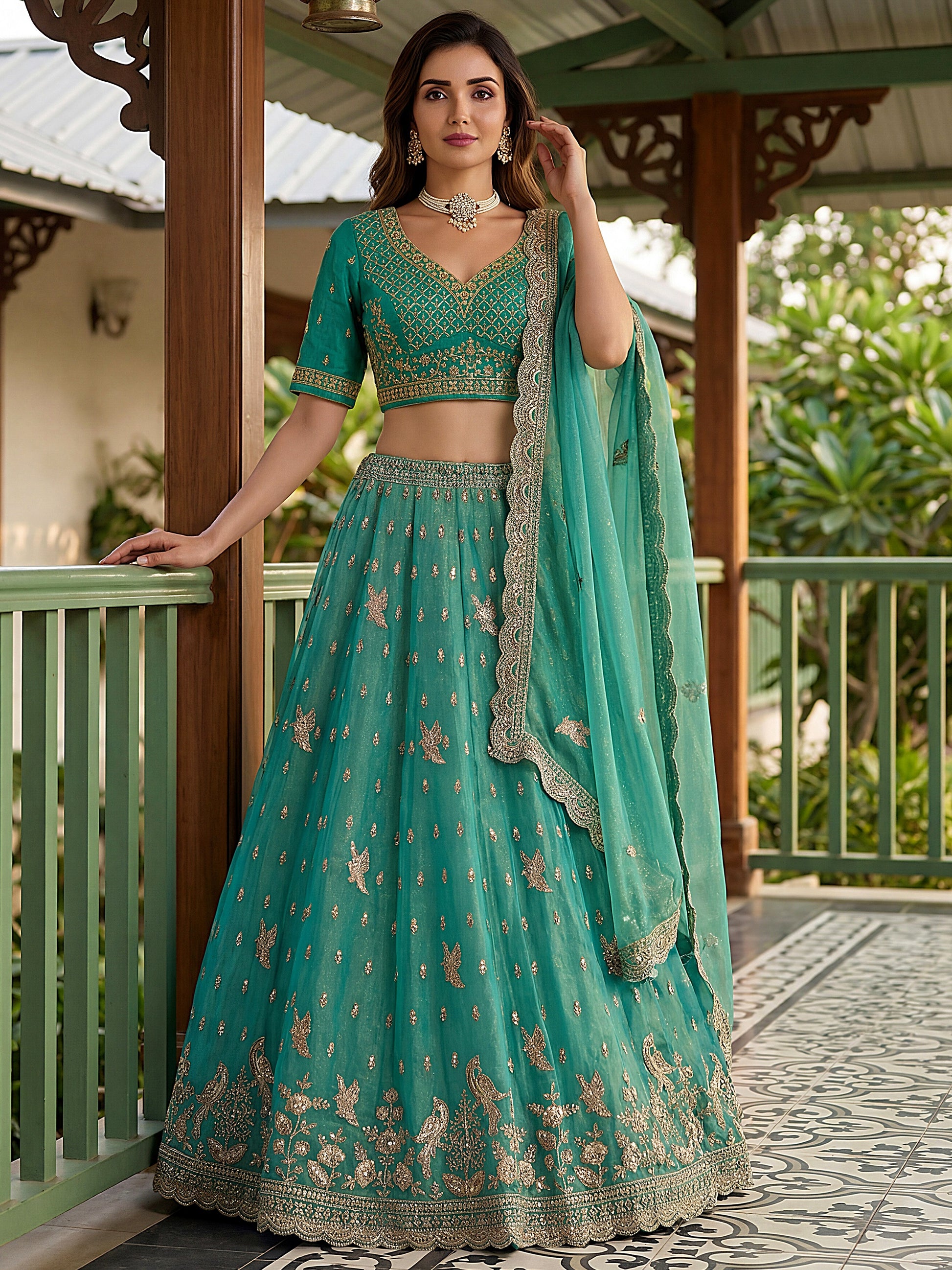 Charming Rama Green Diamond Work Organza Wedding Wear Lehenga Choli With Dupatta