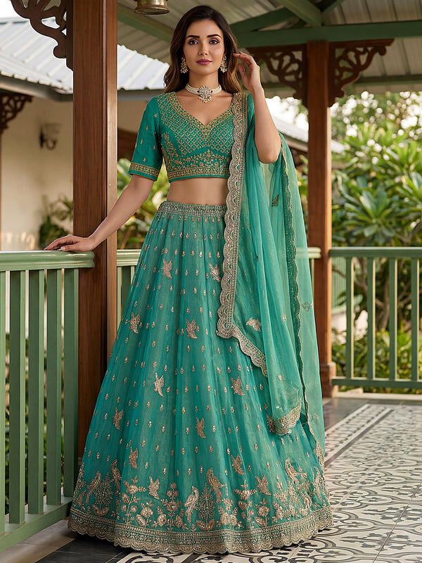 Charming Rama Green Diamond Work Organza Wedding Wear Lehenga Choli With Dupatta