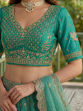 Charming Rama Green Diamond Work Organza Wedding Wear Lehenga Choli With Dupatta