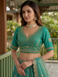 Charming Rama Green Diamond Work Organza Wedding Wear Lehenga Choli With Dupatta