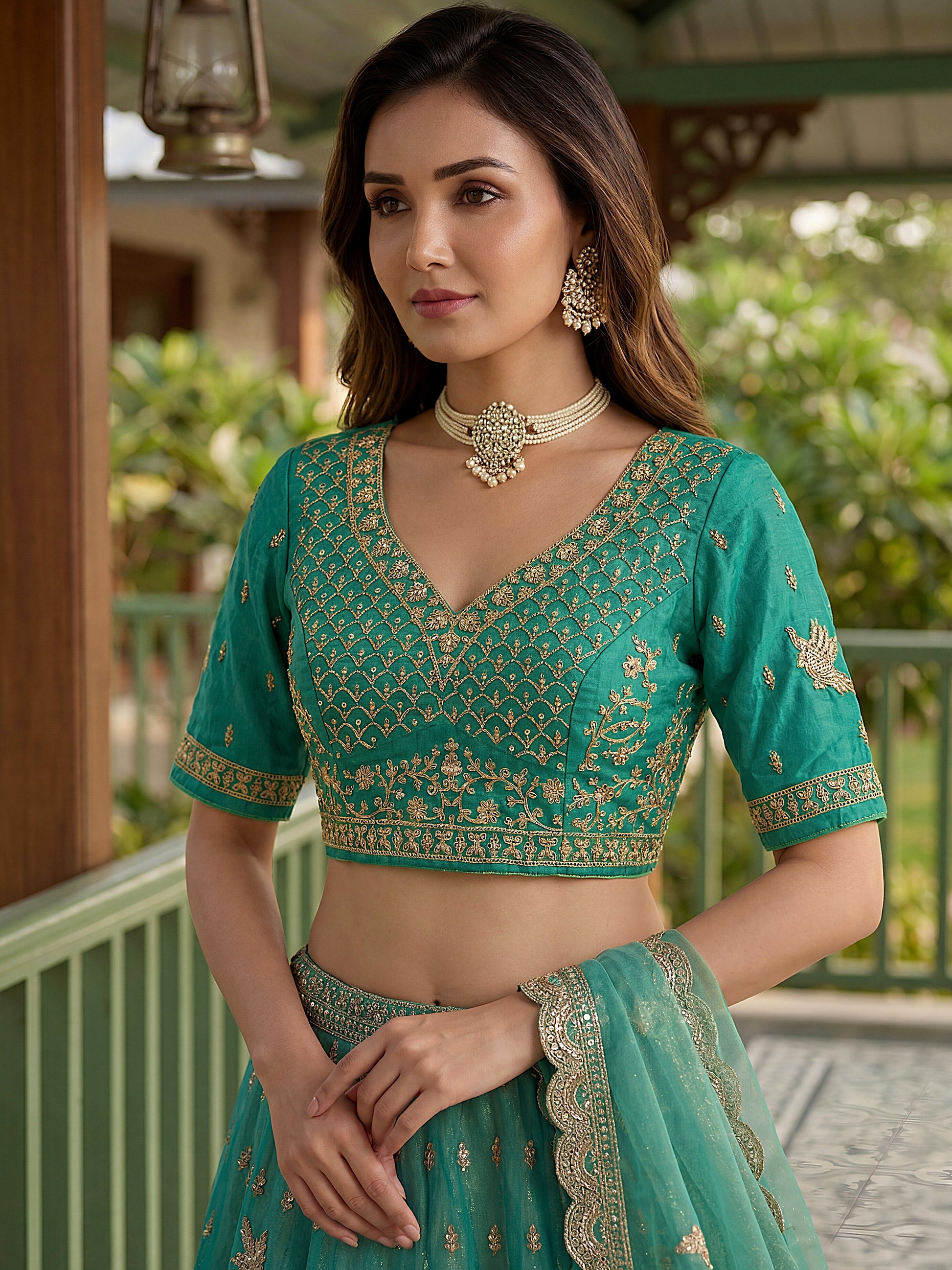 Charming Rama Green Diamond Work Organza Wedding Wear Lehenga Choli With Dupatta