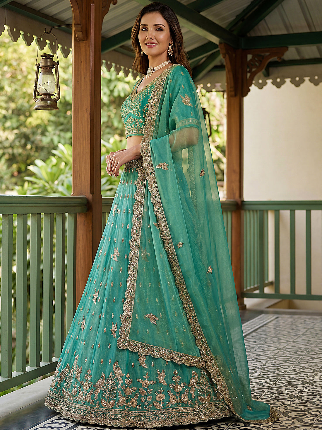Charming Rama Green Diamond Work Organza Wedding Wear Lehenga Choli With Dupatta