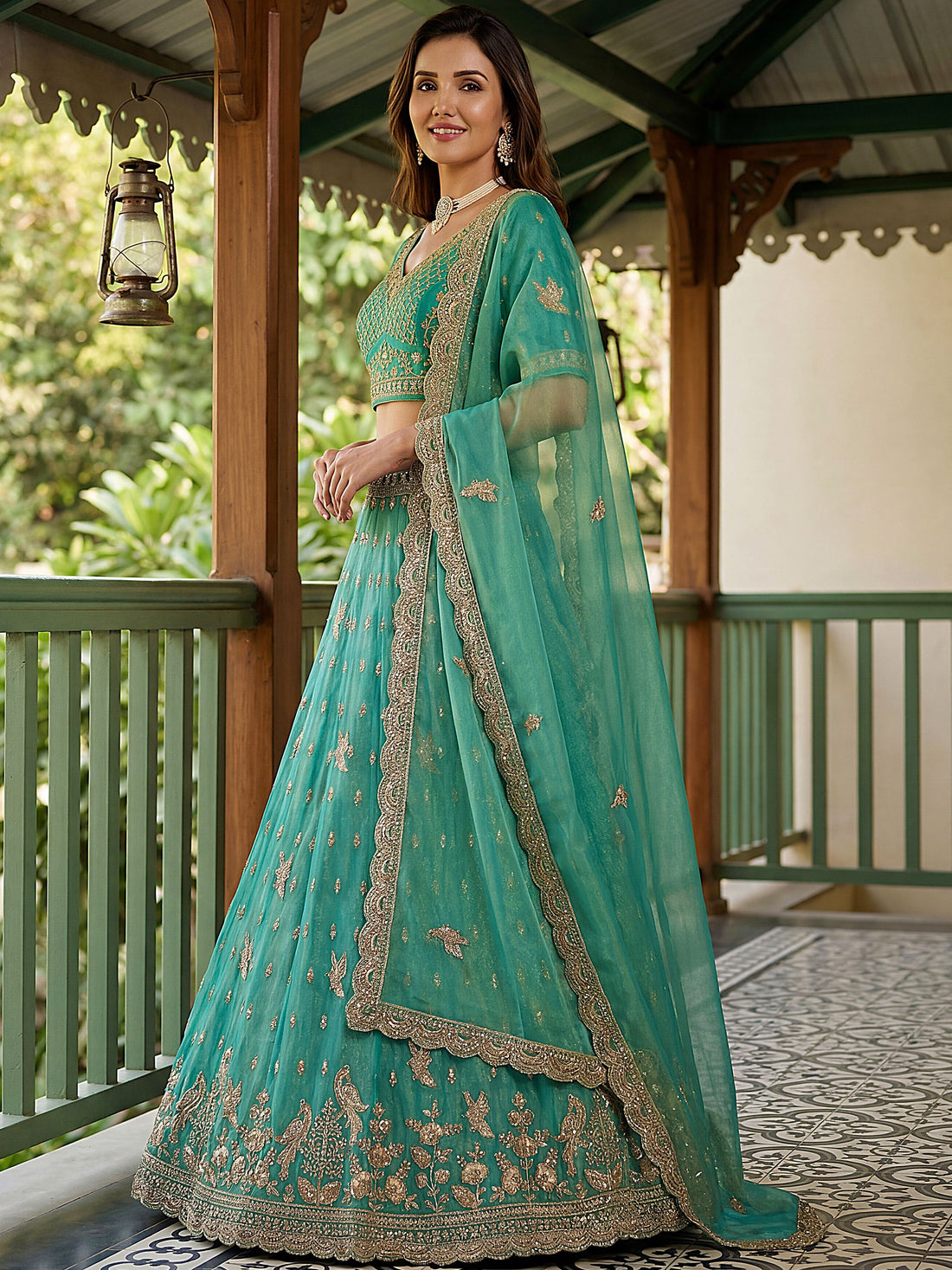 Elegant Green Diamond Work Organza Wedding Wear Lehenga Choli With Dupatta