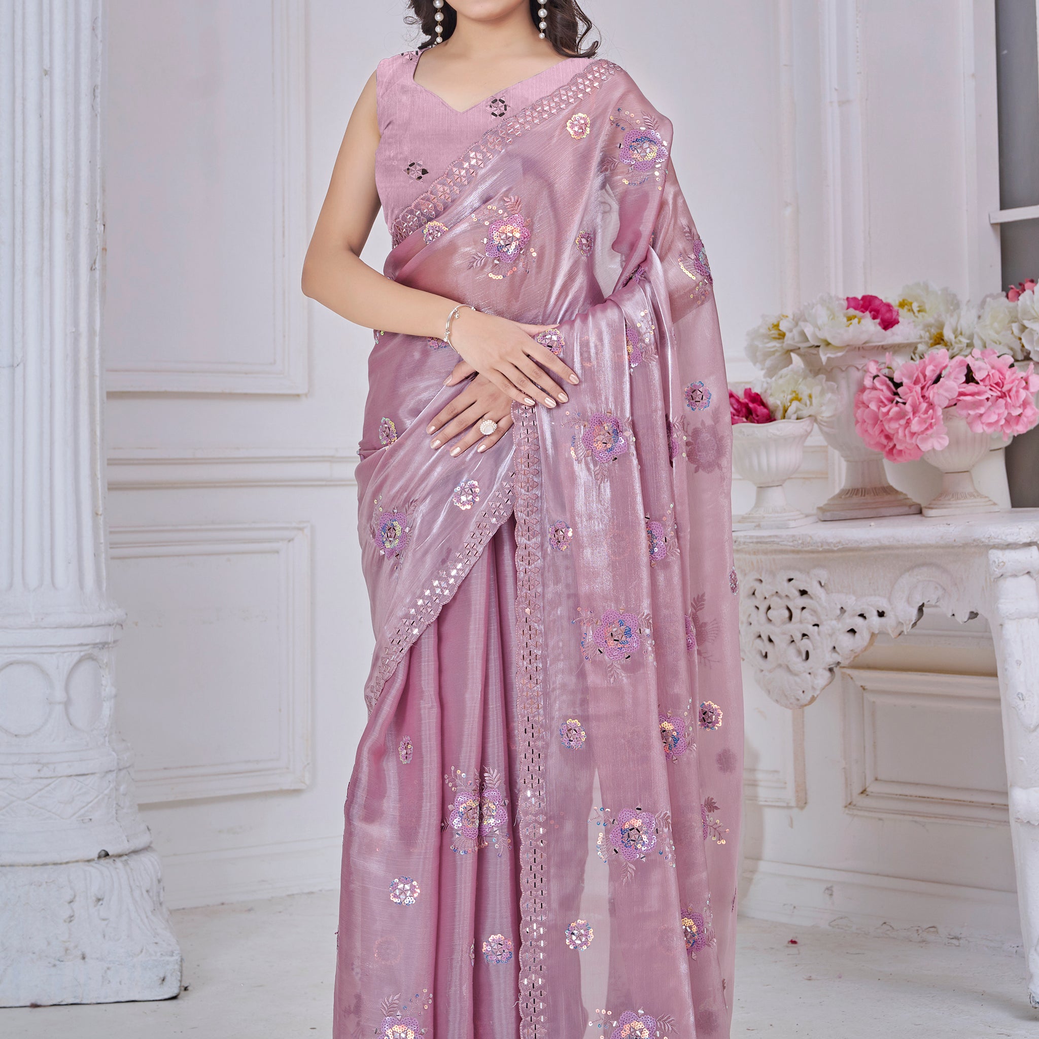 Gorgeous Mauve Floral Embroidered Organza Silk Saree With Blouse