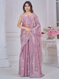 Gorgeous Mauve Floral Embroidered Organza Silk Saree With Blouse