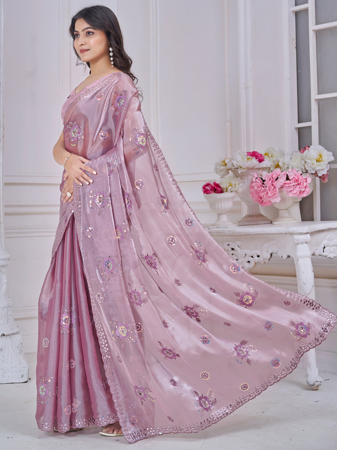 Gorgeous Mauve Floral Embroidered Organza Silk Saree With Blouse