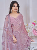 Gorgeous Mauve Floral Embroidered Organza Silk Saree With Blouse