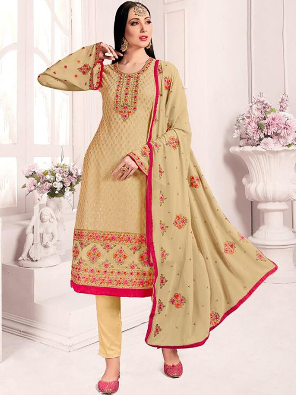 Beautiful Beige Floral Embroidered Georgette Festival Wear Pant Suit