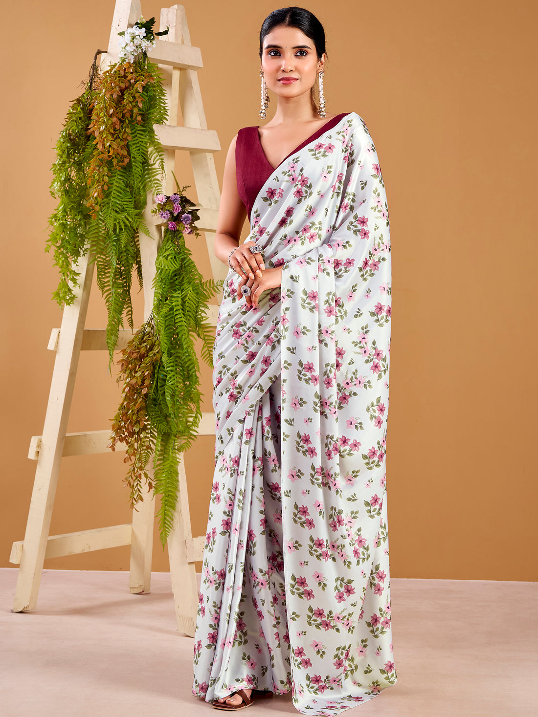 Elegant Grey Floral Printed Satin Casual Wear Saree With Blouse