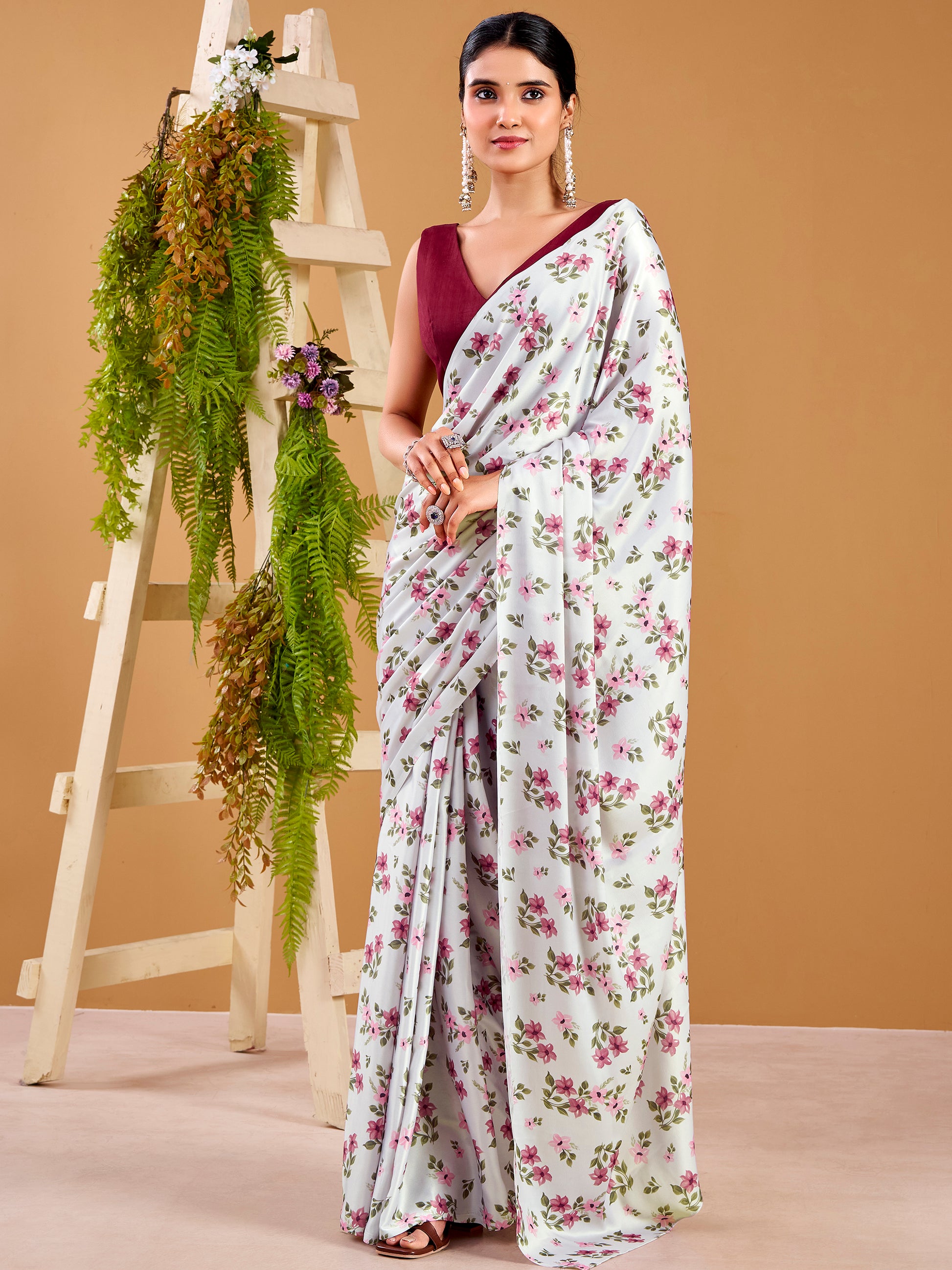 Elegant Grey Floral Printed Satin Casual Wear Saree With Blouse