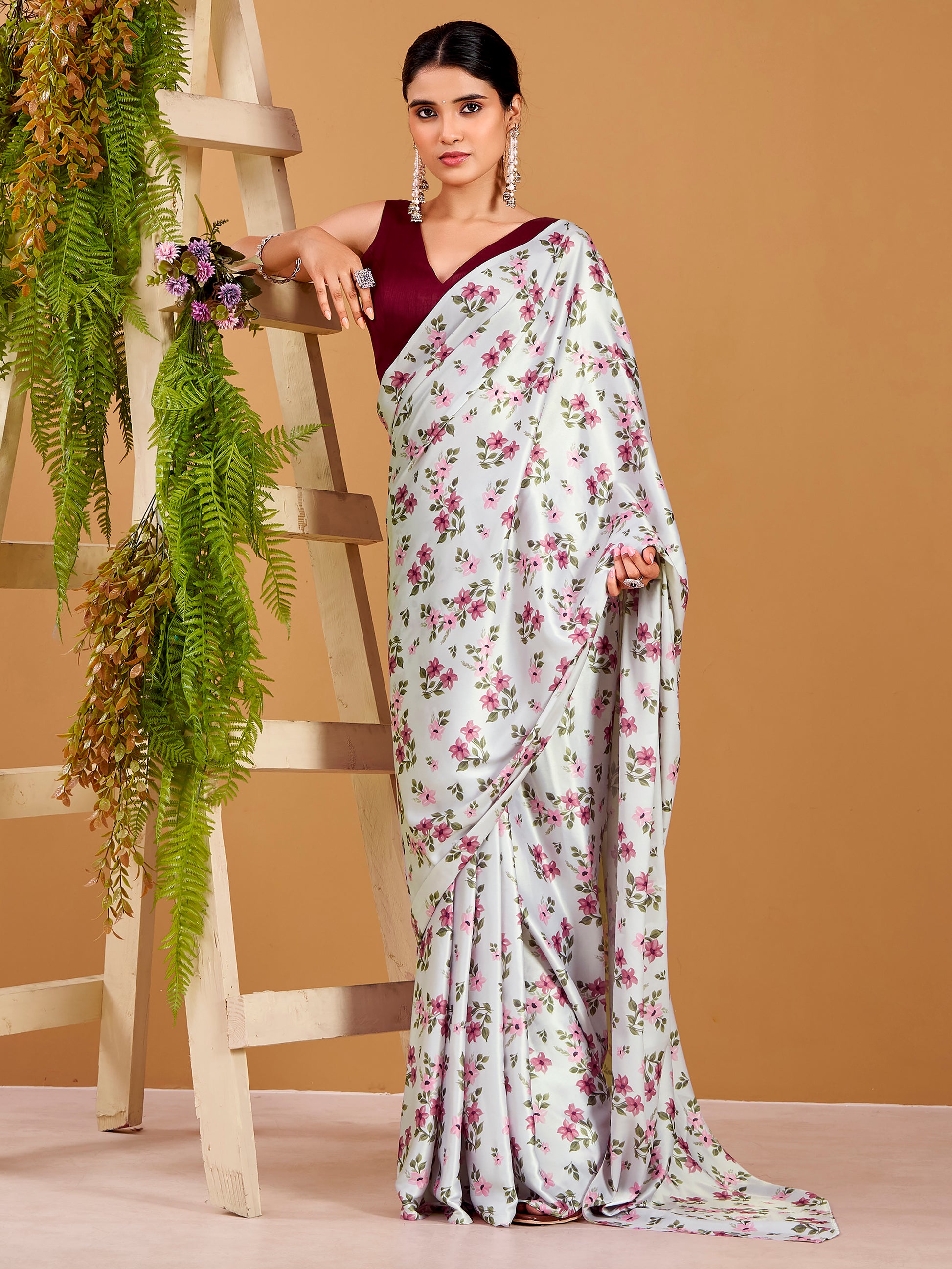 Elegant Grey Floral Printed Satin Casual Wear Saree With Blouse