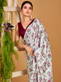 Elegant Grey Floral Printed Satin Casual Wear Saree With Blouse