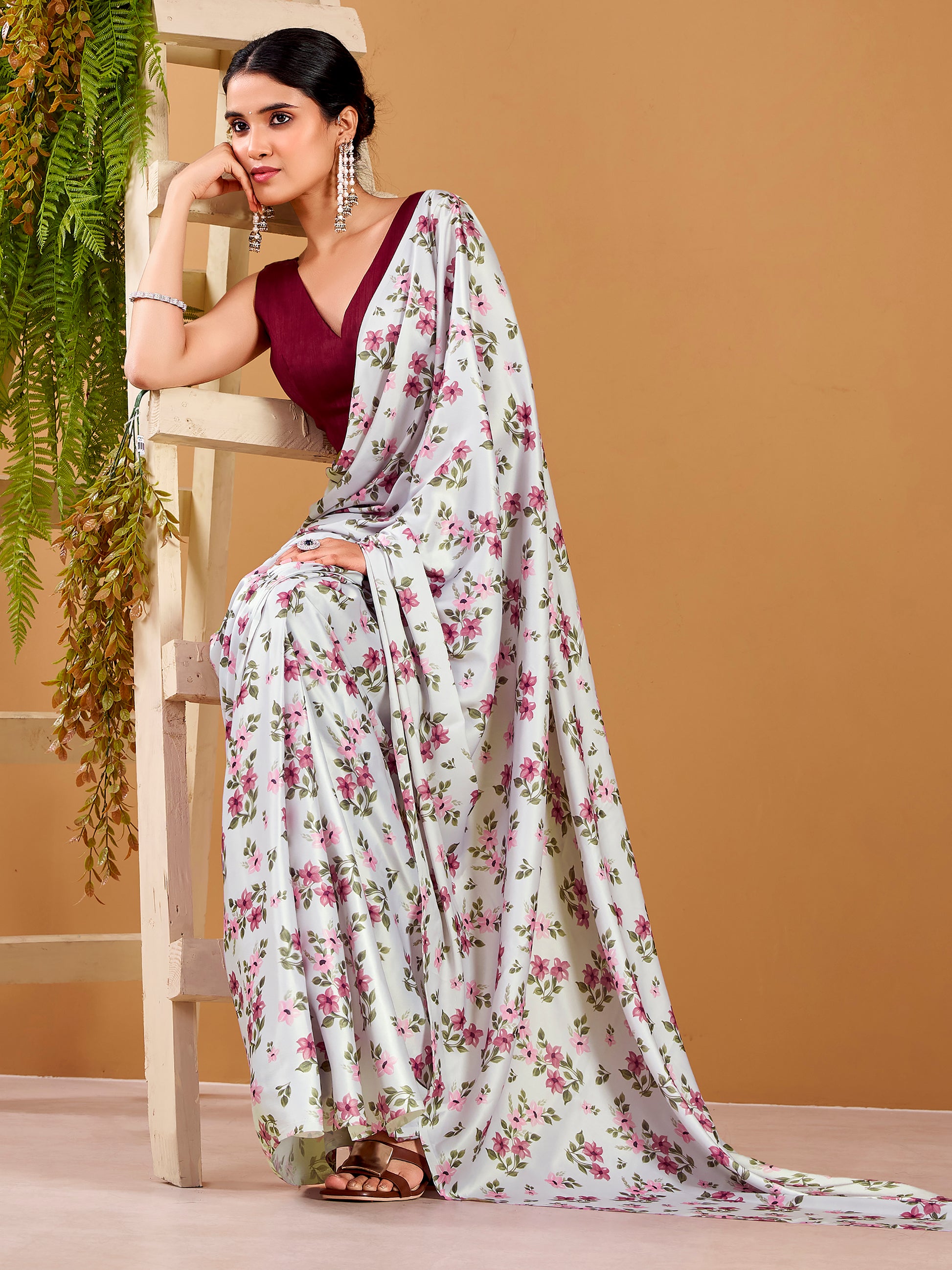 Elegant Grey Floral Printed Satin Casual Wear Saree With Blouse
