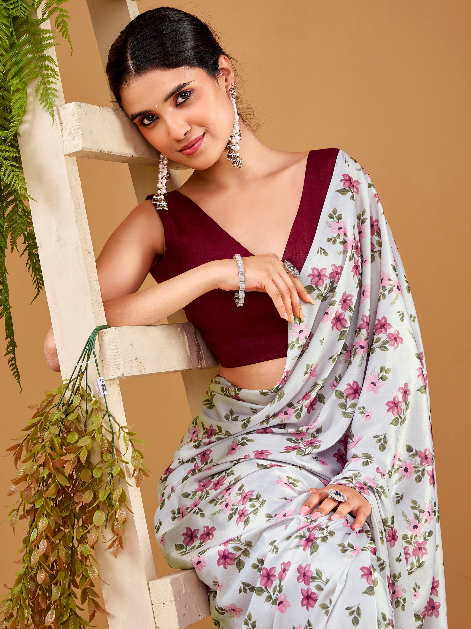 Elegant Grey Floral Printed Satin Casual Wear Saree With Blouse