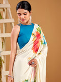 Fashionable White Floral Printed Satin Daily Wear Saree With Blouse