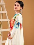Fashionable White Floral Printed Satin Daily Wear Saree With Blouse