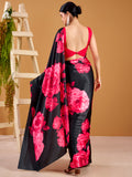 Beautiful Pink Floral Printed Satin Party Wear Saree With Blouse