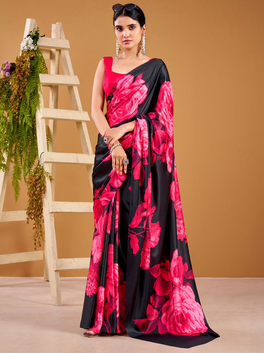 Beautiful Pink Floral Printed Satin Party Wear Saree With Blouse