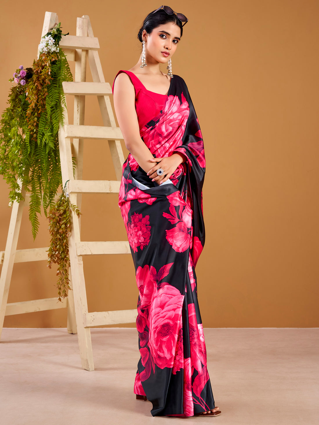 Beautiful Pink Floral Printed Satin Party Wear Saree With Blouse