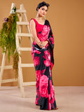 Beautiful Pink Floral Printed Satin Party Wear Saree With Blouse