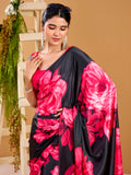 Beautiful Pink Floral Printed Satin Party Wear Saree With Blouse