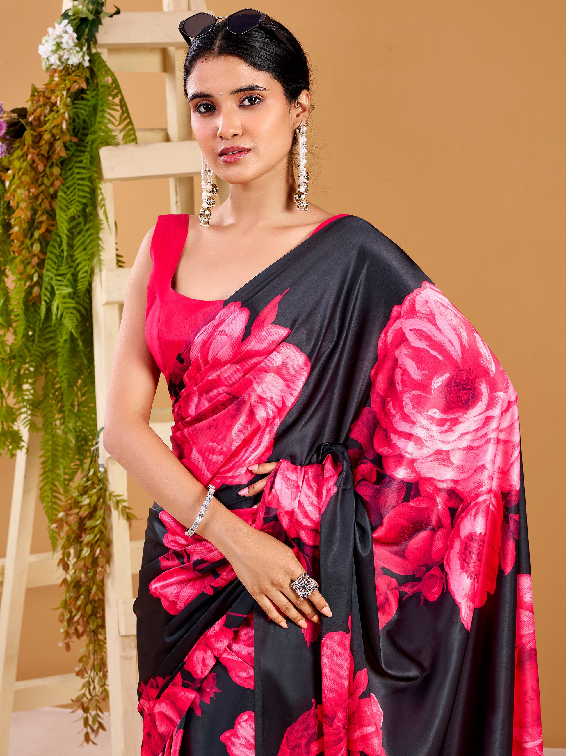 Beautiful Pink Floral Printed Satin Party Wear Saree With Blouse