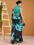 Spectacular Navy Blue Digital Printed Satin Saree With Blouse