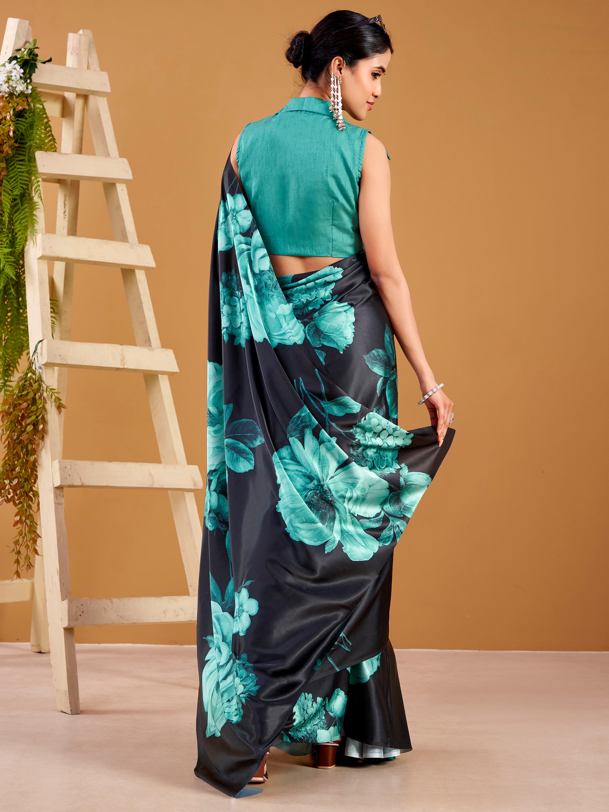 Spectacular Navy Blue Digital Printed Satin Saree With Blouse