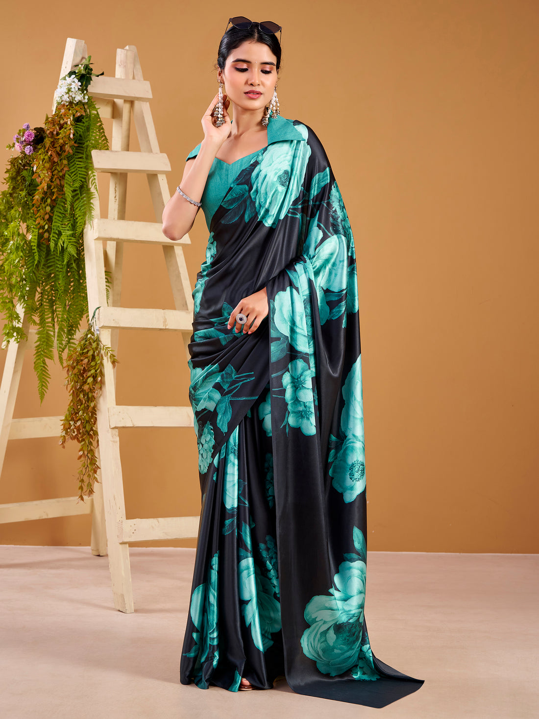Spectacular Navy Blue Digital Printed Satin Saree With Blouse