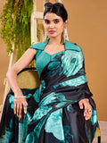 Spectacular Navy Blue Digital Printed Satin Saree With Blouse