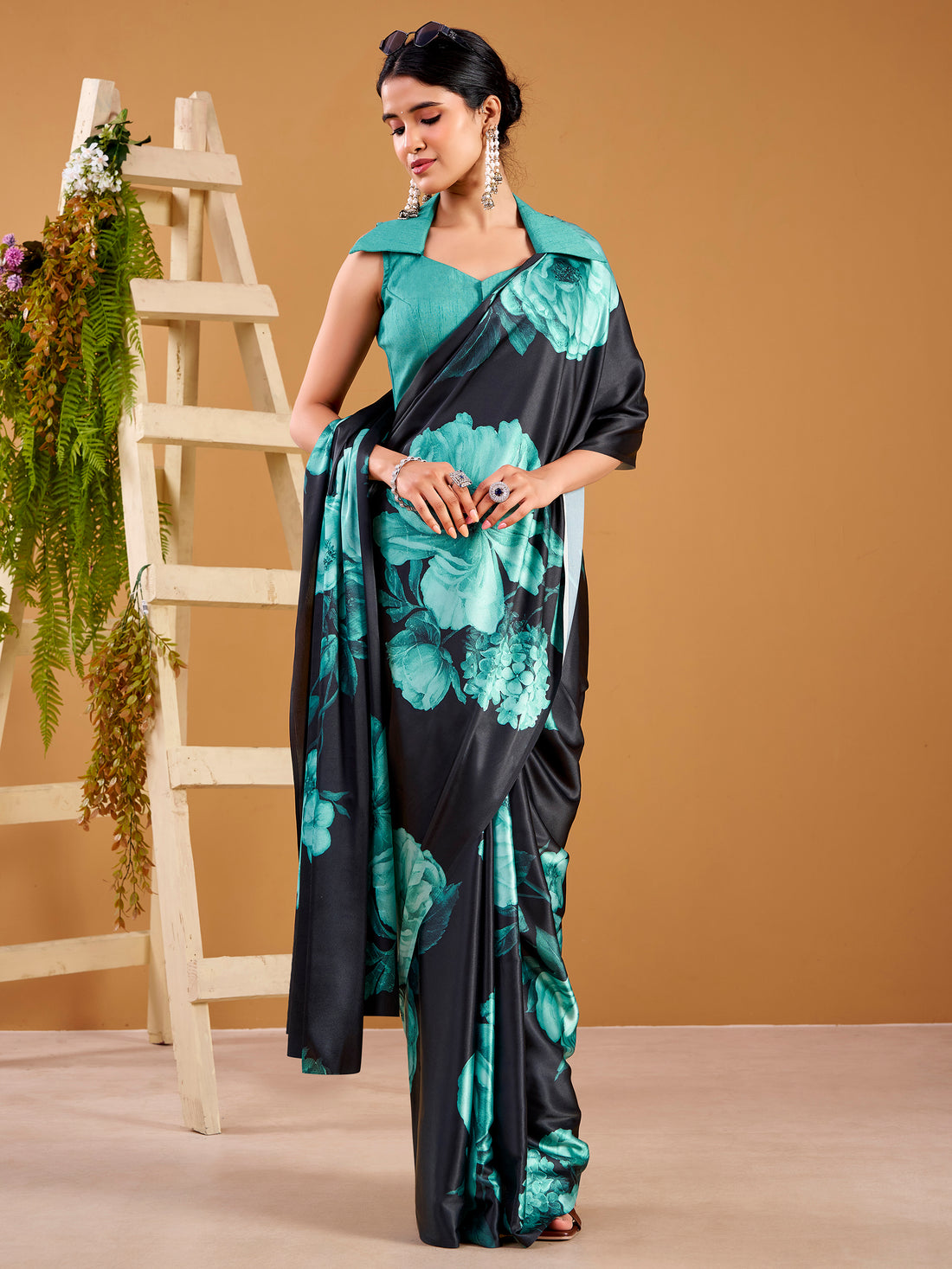 Spectacular Navy Blue Digital Printed Satin Saree With Blouse