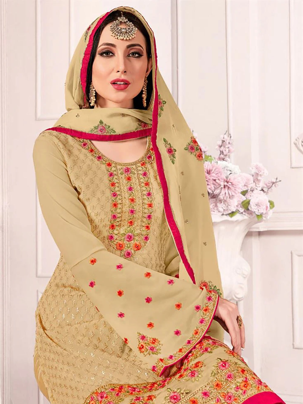 Beautiful Beige Floral Embroidered Georgette Festival Wear Pant Suit