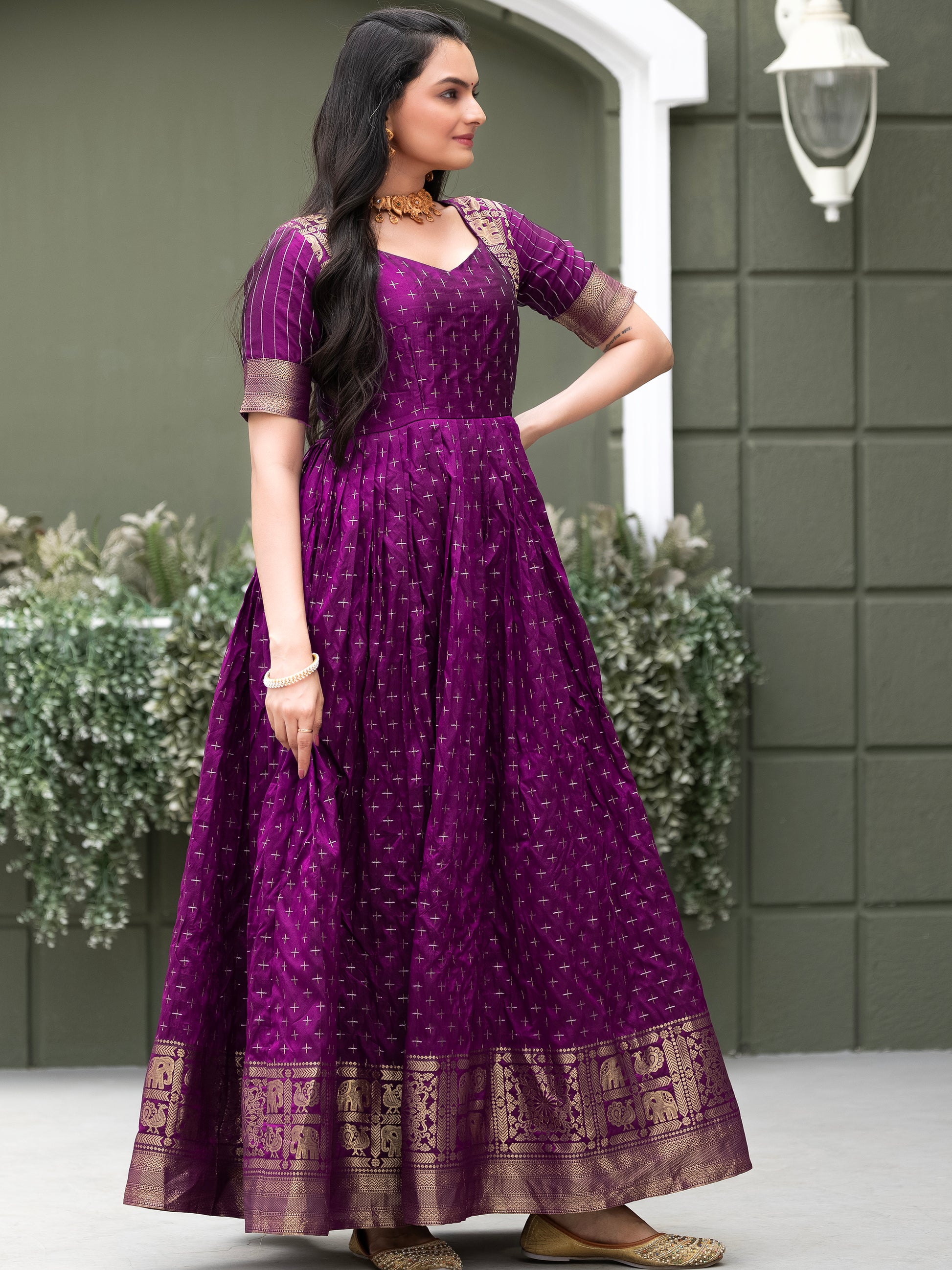 Tantalizing Purple Zari Weaving Silk Festival Wear Gown