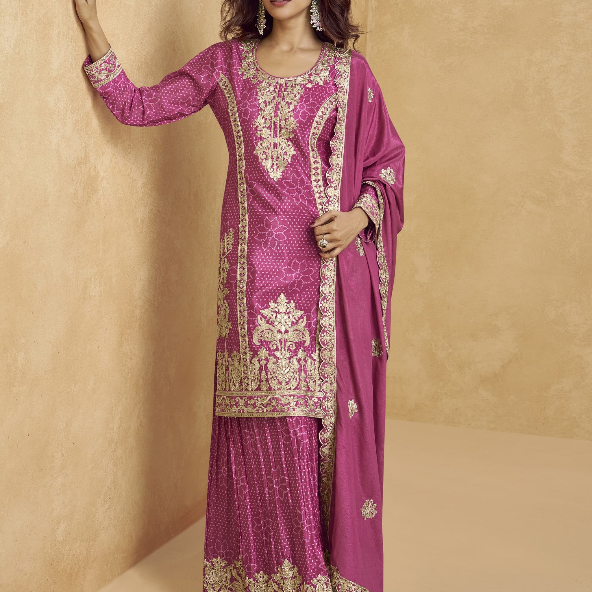 Mesmerizing Pink Sequins Chinon Eid Special Palazzo Suit With Dupatta