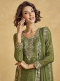 Amazing Green Zari Work Chinon Festive Wear Palazzo Suit With Dupatta