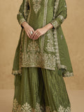 Amazing Green Zari Work Chinon Festive Wear Palazzo Suit With Dupatta