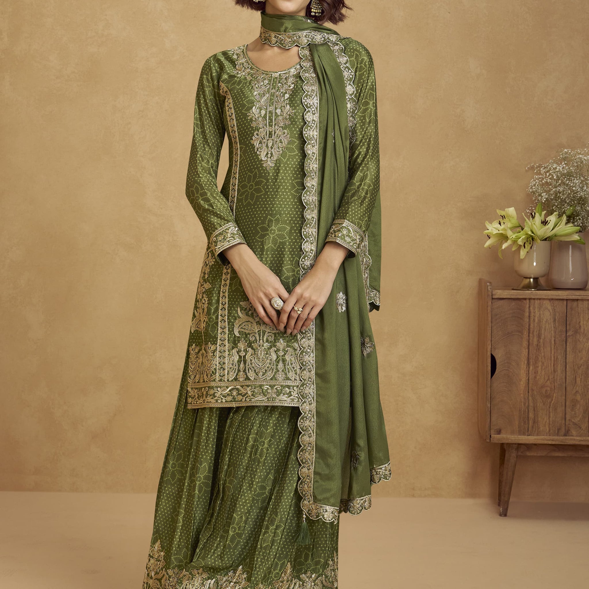 Amazing Green Zari Work Chinon Festive Wear Palazzo Suit With Dupatta