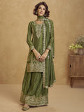 Amazing Green Zari Work Chinon Festive Wear Palazzo Suit With Dupatta
