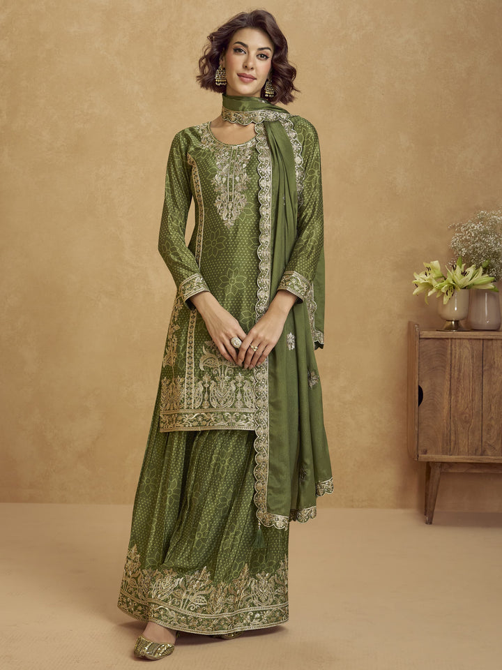 Amazing Green Zari Work Chinon Festive Wear Palazzo Suit With Dupatta