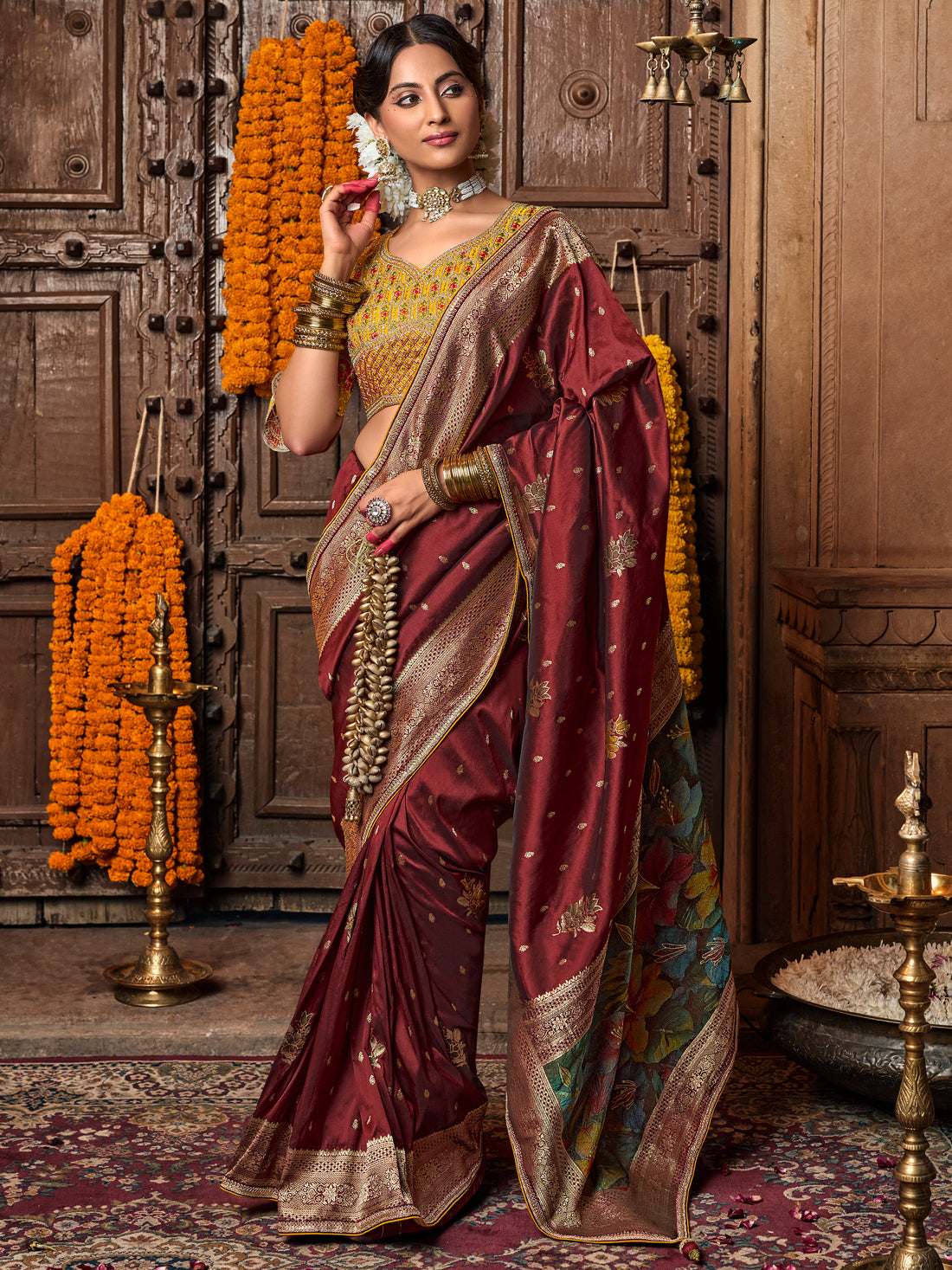 Glamorous Maroon Zari Weaving Silk Bridal Saree With Blouse