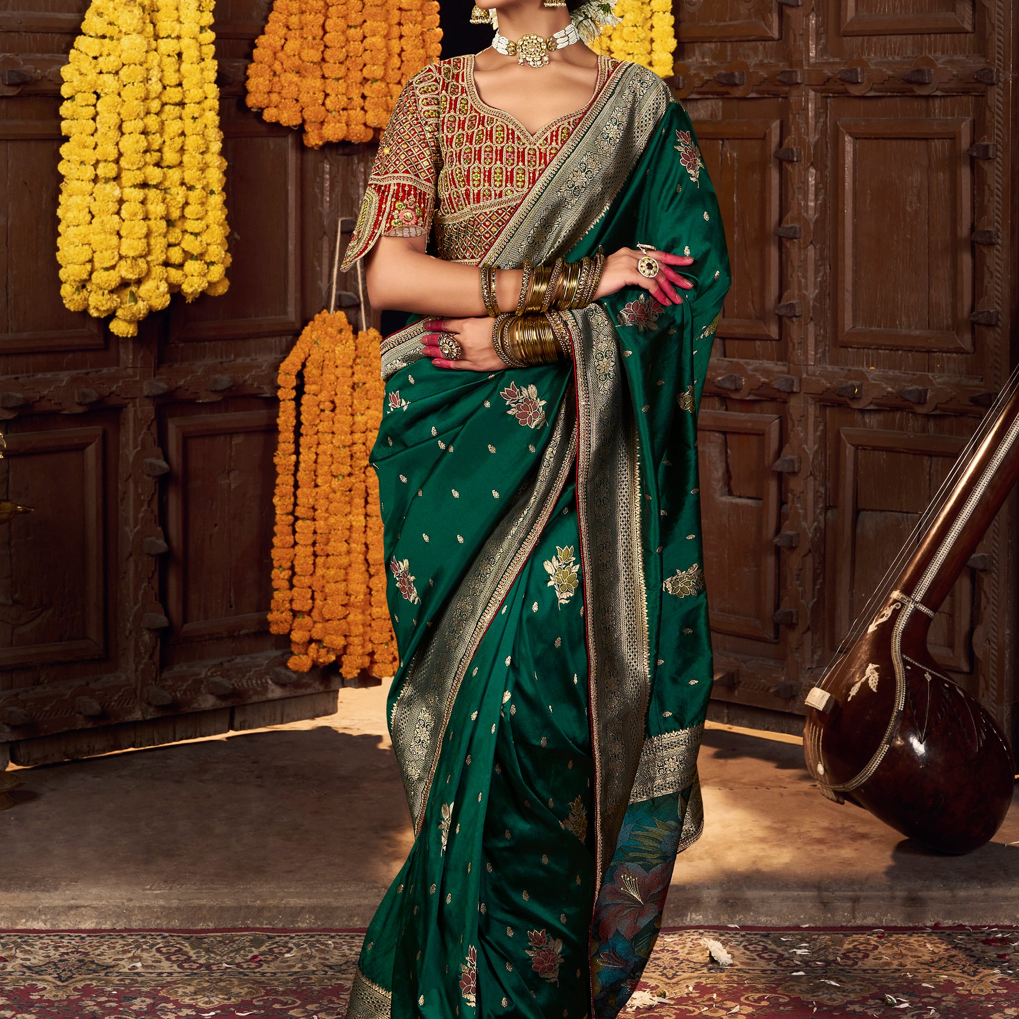 Excellent Green Zari Weaving Silk Mehendi Wear Saree With Blouse