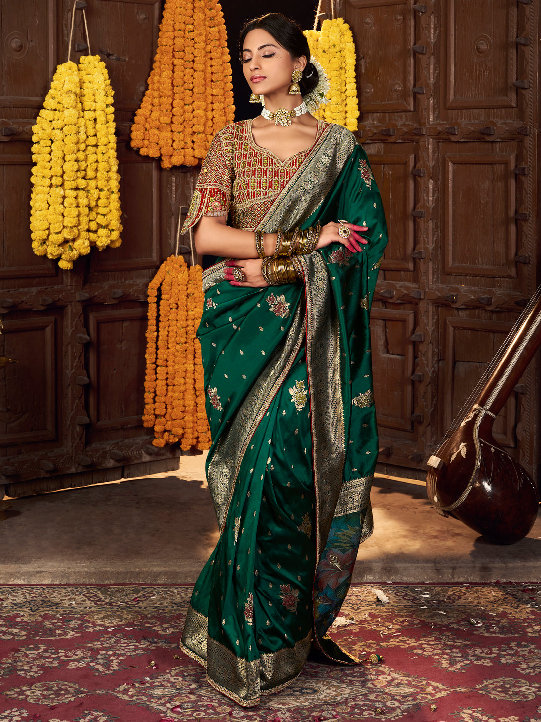 Excellent Green Zari Weaving Silk Mehendi Wear Saree With Blouse