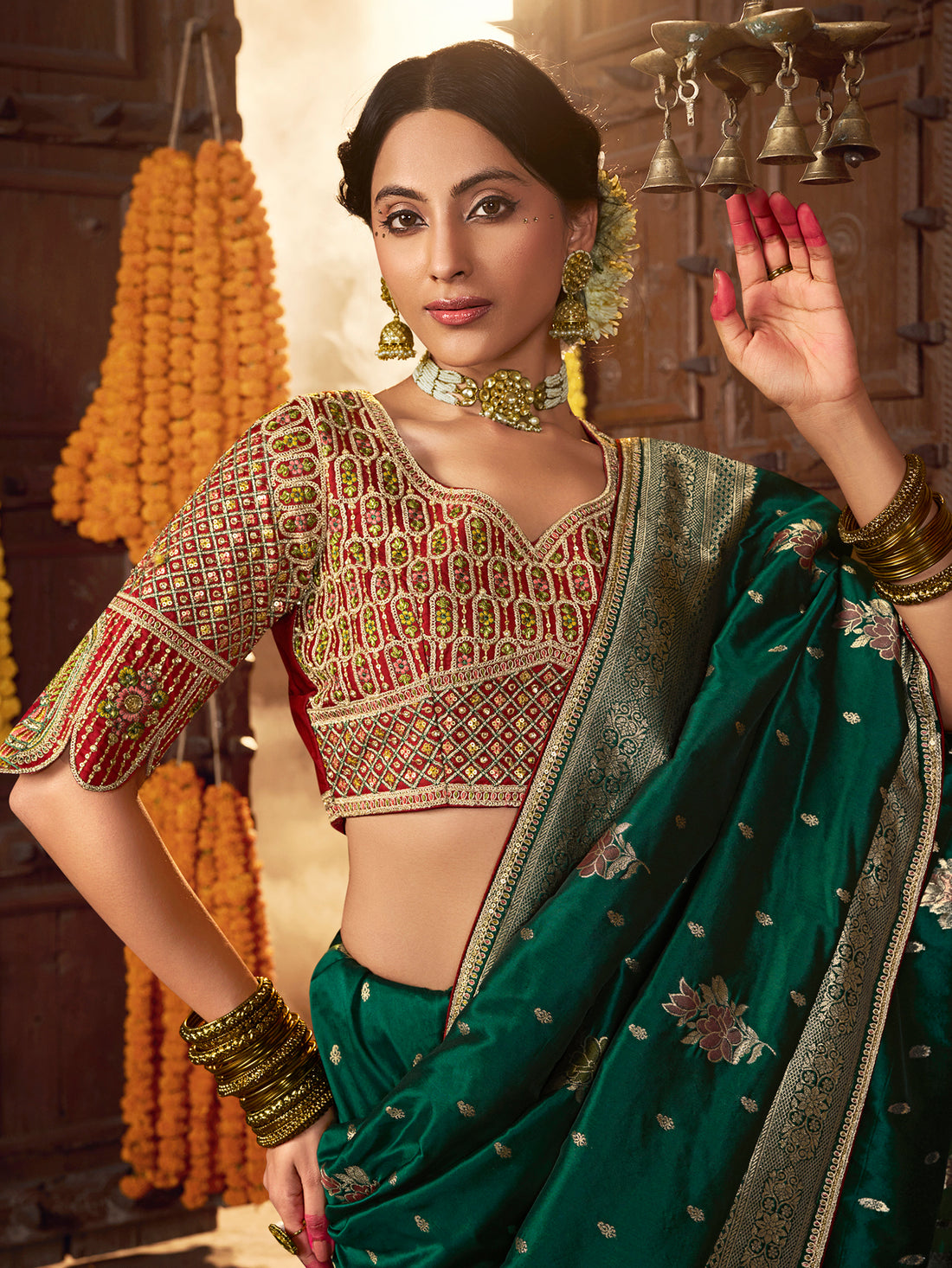 Excellent Green Zari Weaving Silk Mehendi Wear Saree With Blouse