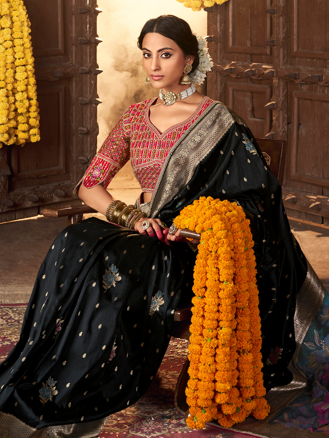 Stunning Black Zari Weaving Silk Traditional Saree With Blouse