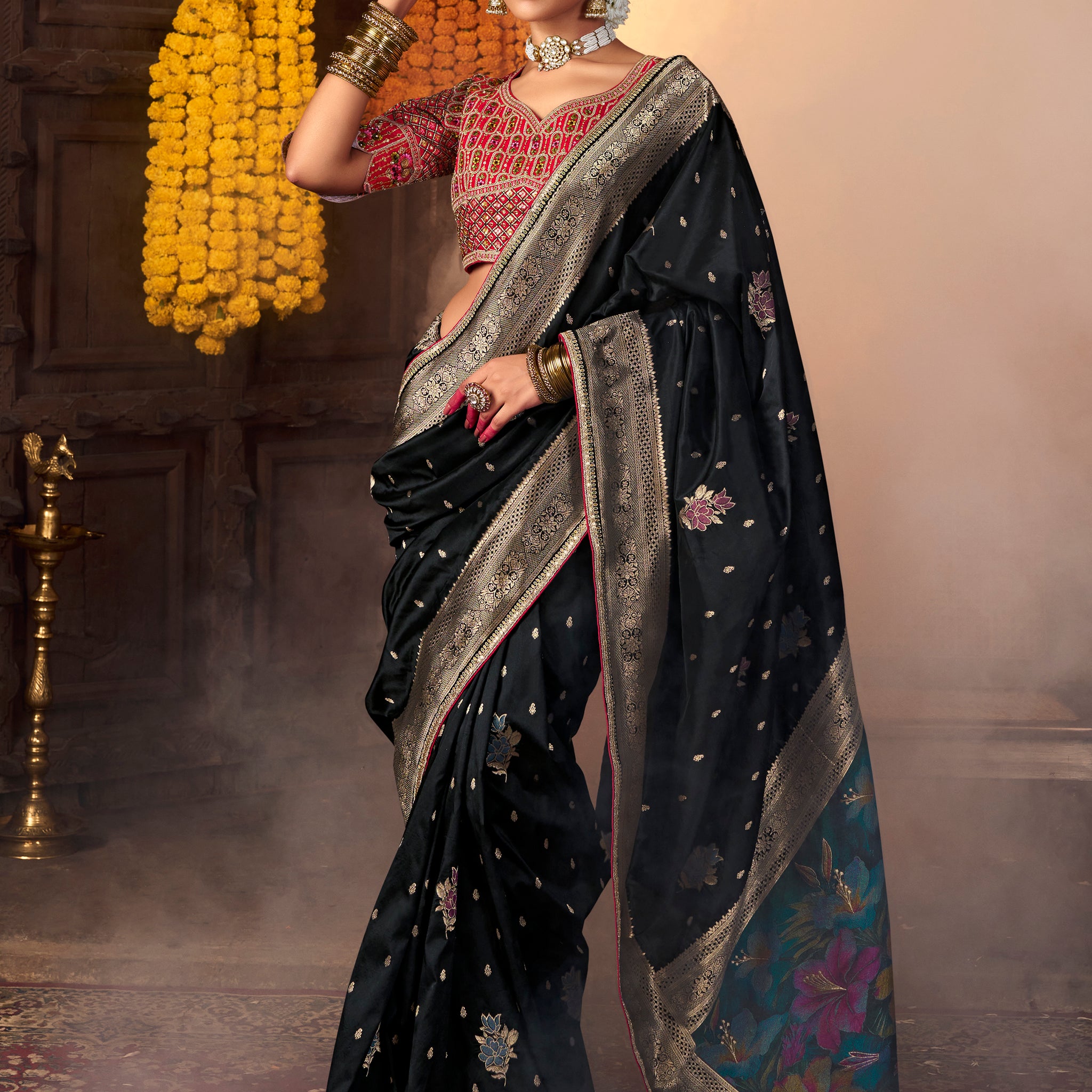 Stunning Black Zari Weaving Silk Traditional Saree With Blouse