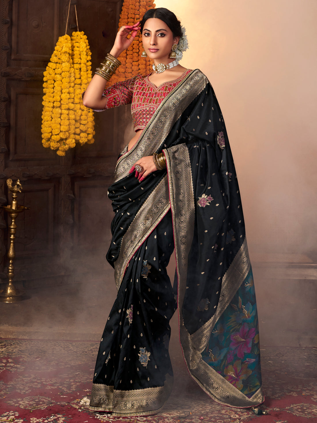 Stunning Black Zari Weaving Silk Traditional Saree With Blouse