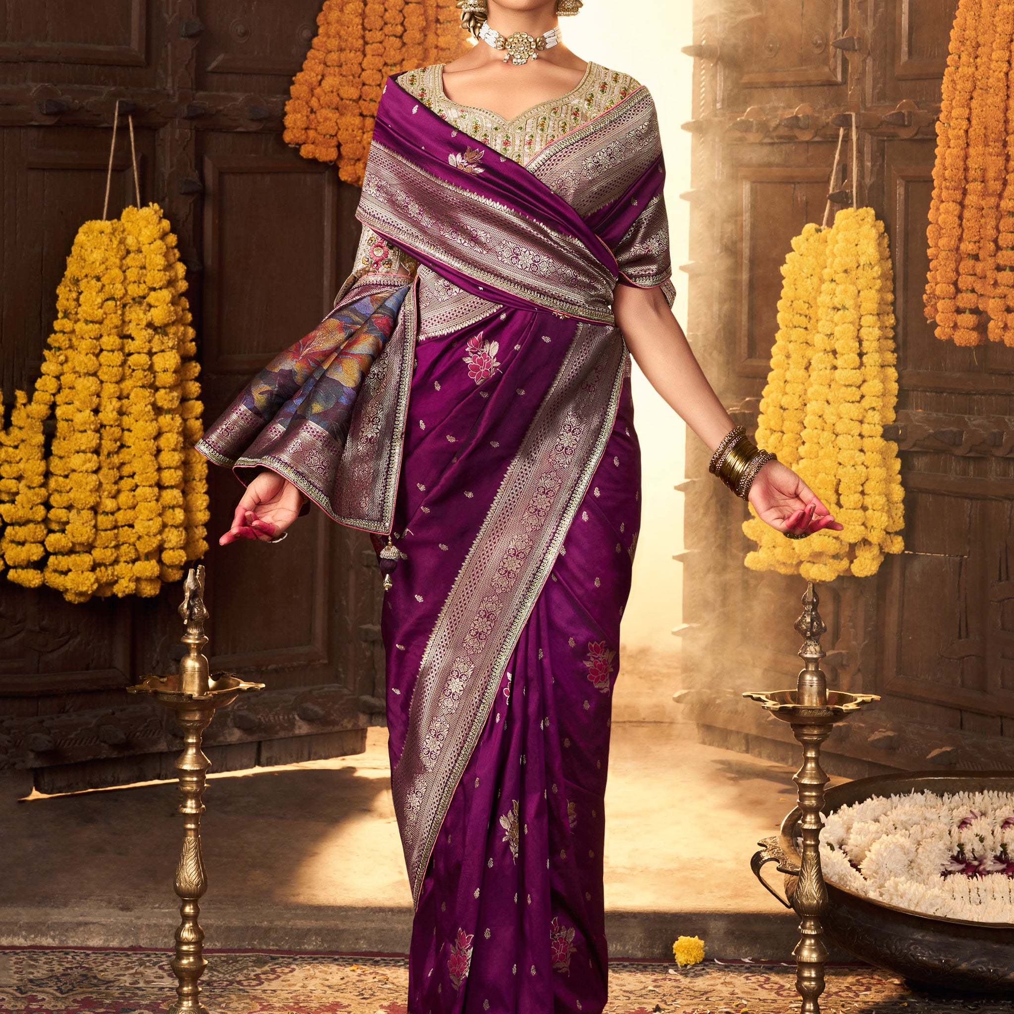 Amazing Purple Zari Weaving Silk Festive Wear Saree With Blouse