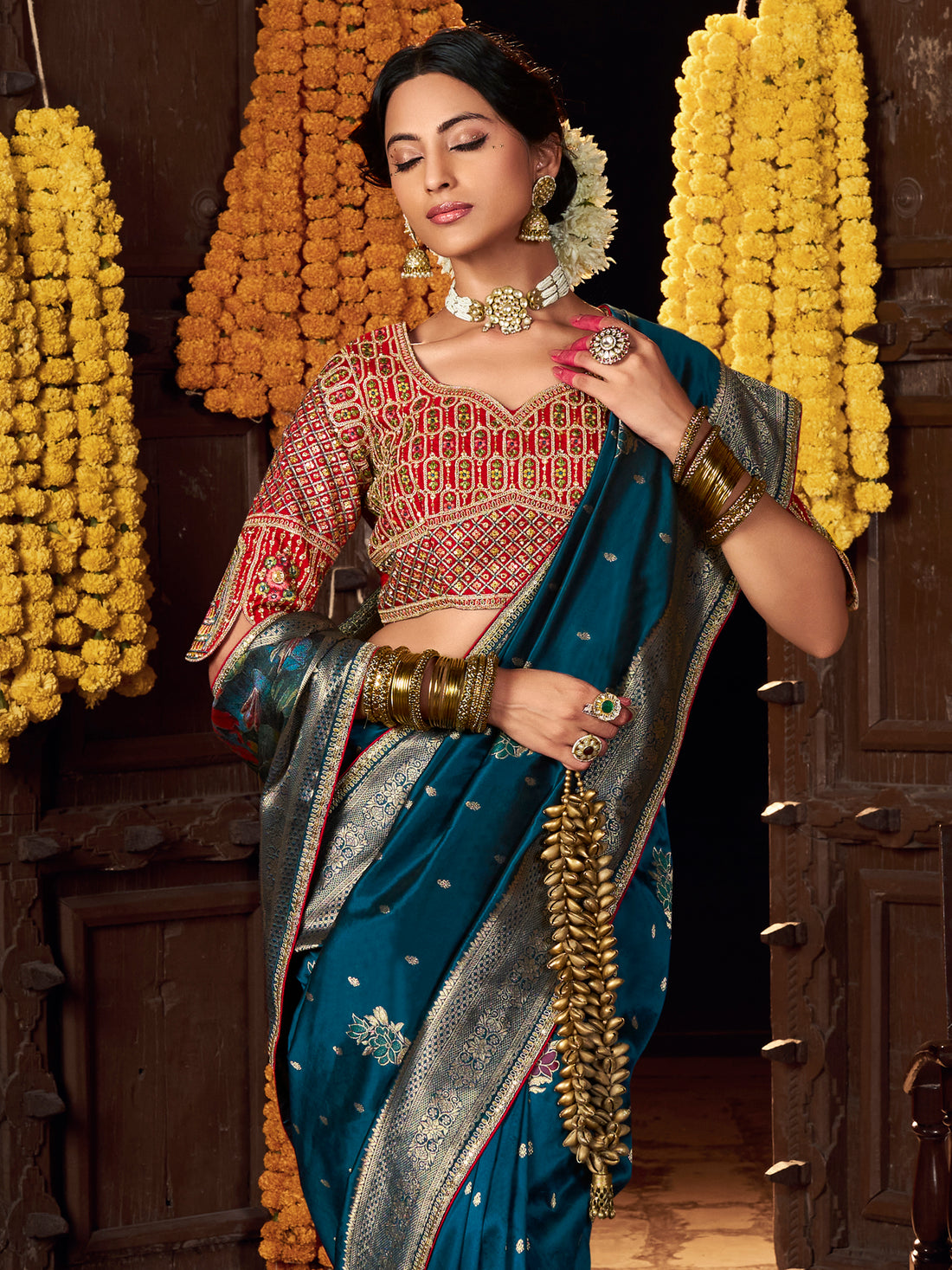 Fabulous Teal Blue Zari Weaving Silk Festive Wear Saree With Blouse