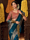 Fabulous Teal Blue Zari Weaving Silk Festive Wear Saree With Blouse
